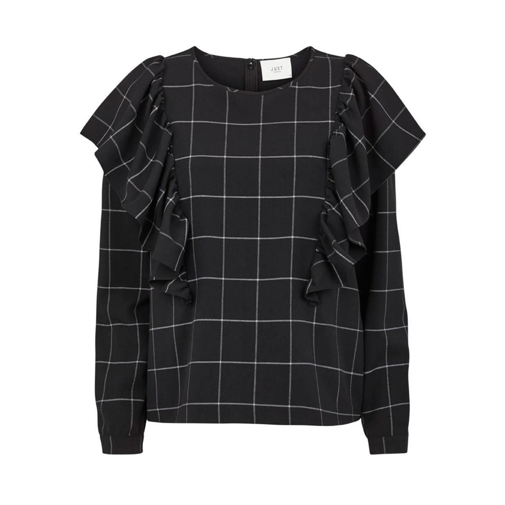 Ruffle shoulder checked long sleeve Shari Blouse
